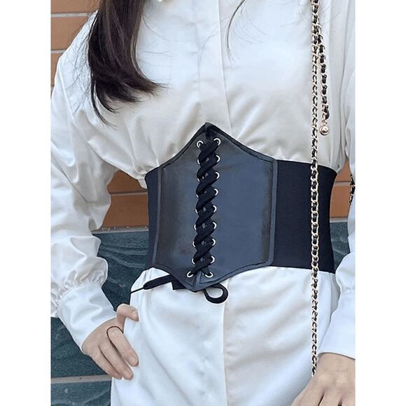 Wide Lace-Up Elastic Waist Tied Black Corset Belt NEW - Picture 7 of 17